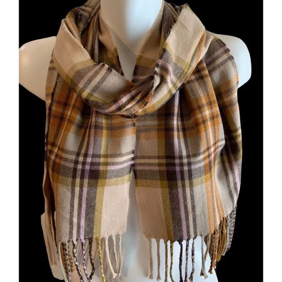 Echo/Winter Rectangle Scarf Fringe/Beige Pink Gold Plaid/10" x 66"/4" Fringe - Picture 4 of 5